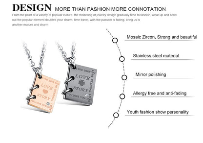 LOVE STORYペアネックレス｜刻印プレート＆ジルコニア付きカップル用ステンレスチェーン