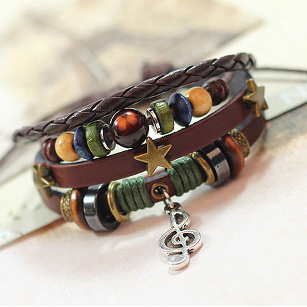 Rockyu ブレスレット メンズ レディース レザー 多連 星モチーフ 音符ペンダント 本革 編み込み ブラウン 数珠風 おしゃれ アクセサリー ギフト