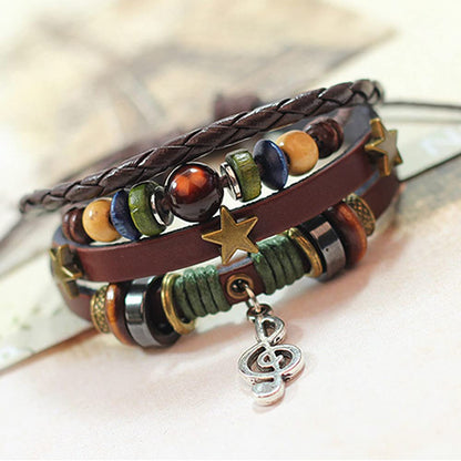 Rockyu ブレスレット メンズ レディース レザー 多連 星モチーフ 音符ペンダント 本革 編み込み ブラウン 数珠風 おしゃれ アクセサリー ギフト