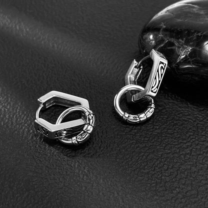 Rockyu ピアス メンズ ステンレス 六角形デザイン 彫刻入り 二重リング シルバー アレルギー対応