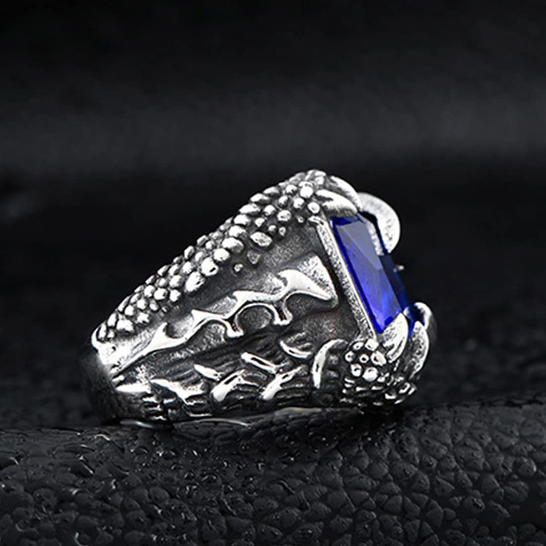 Rockyu ドラゴンクロウリング メンズ 大粒スクエア宝石 ステンレス製