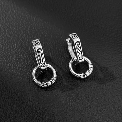 Rockyu ピアス メンズ ステンレス 六角形デザイン 彫刻入り 二重リング シルバー アレルギー対応