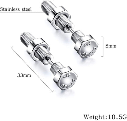 Rockyu ネジ型スタッドピアス メンズ チタン製 ブラック＆シルバー 金属アレルギー対応 スクリューデザイン