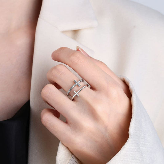 Rockyu レディース指輪 クロスデザイン 二連リング シルバー925 フリーサイズ