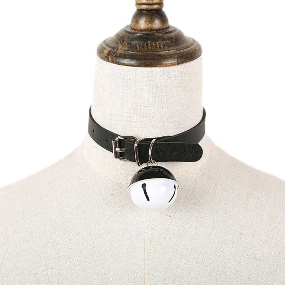 Rockyu 本革鈴付きチョーカー レディース 黒白