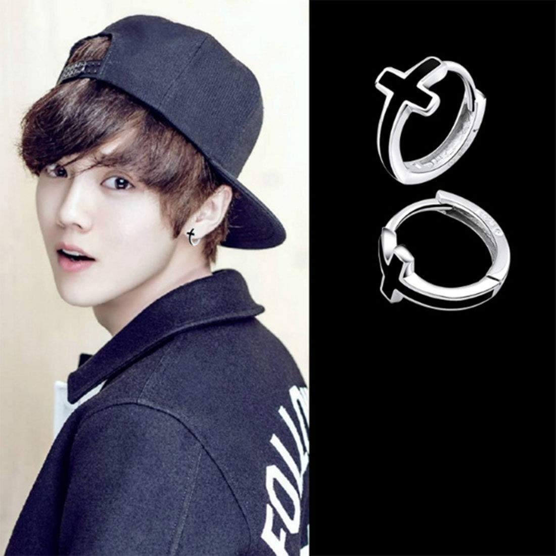 Rockyu ピアス メンズ レディース 十字架 クロス ブラック フープ リングピアス アクセサリー