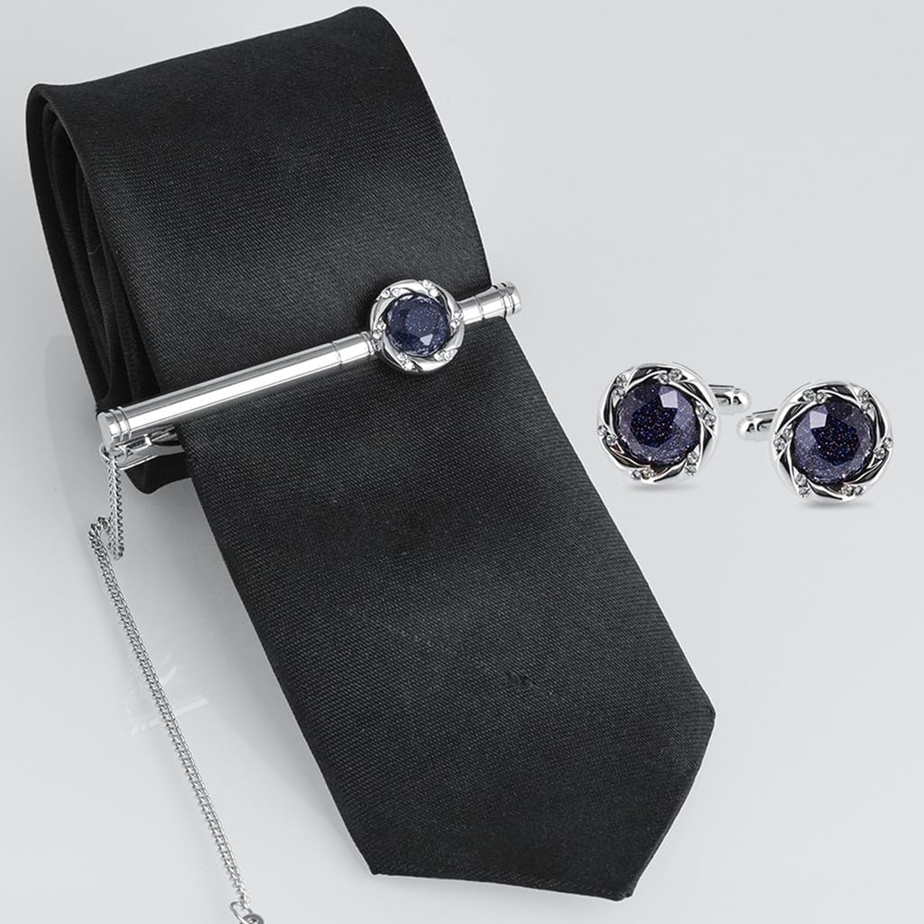 Rockyu カフスボタン＆タイピンセット メンズ ブルーサンドストーン 17mm ラウンド ステンレス製 ビジネス フォーマル ギフト
