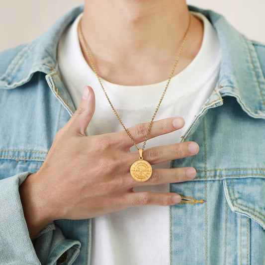 Rockyu ネックレス メンズ シルバー ゴールド ブラック コイン 星形ペンダント チタン製 アクセサリー