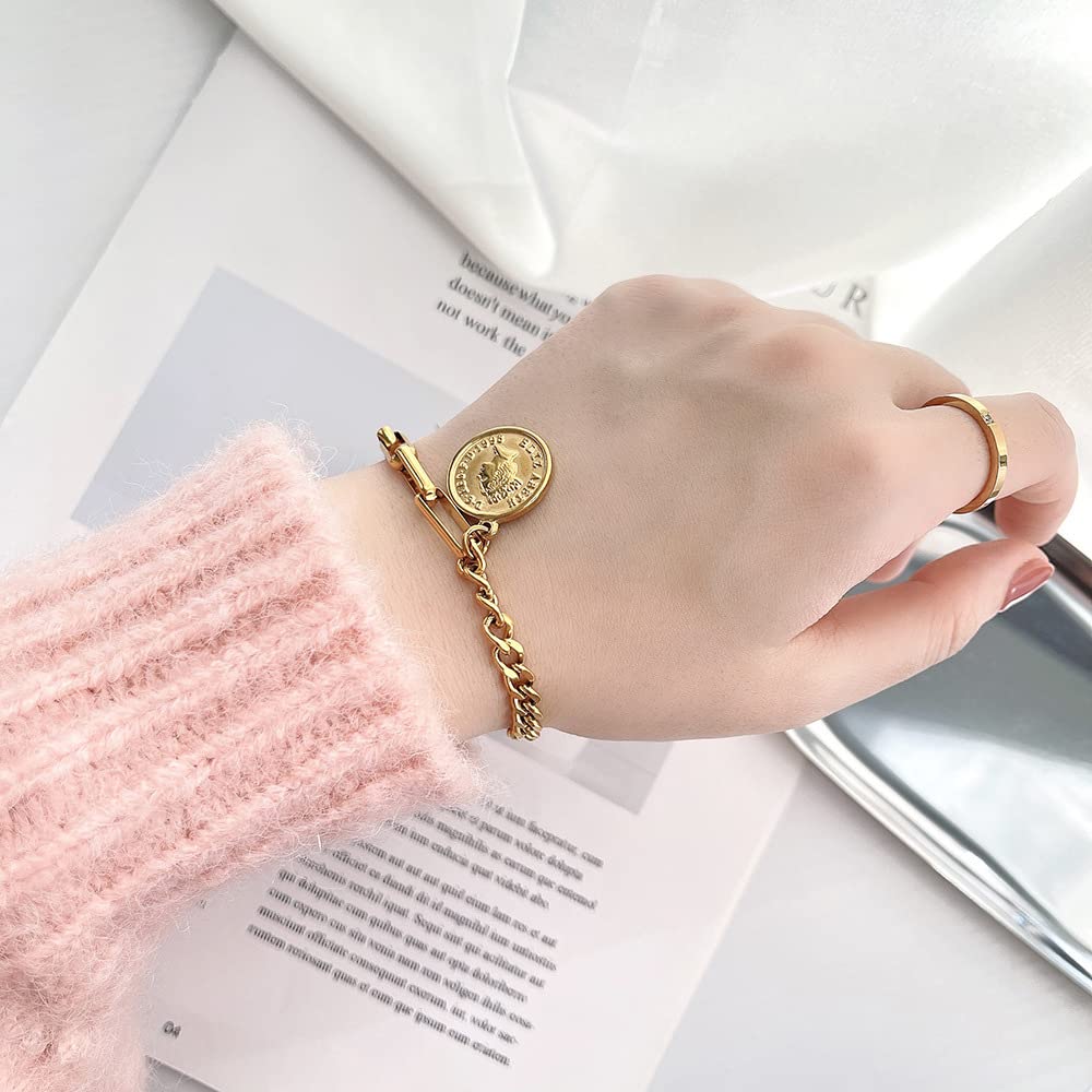 Rockyu ブレスレット レディース ピンクゴールド 18k 女王 エリザベス コインブレスレット おしゃれ ペンダント 十字架風チェーン 誕生日 パーティー プレゼント アクセサリー (ピンクゴールド)