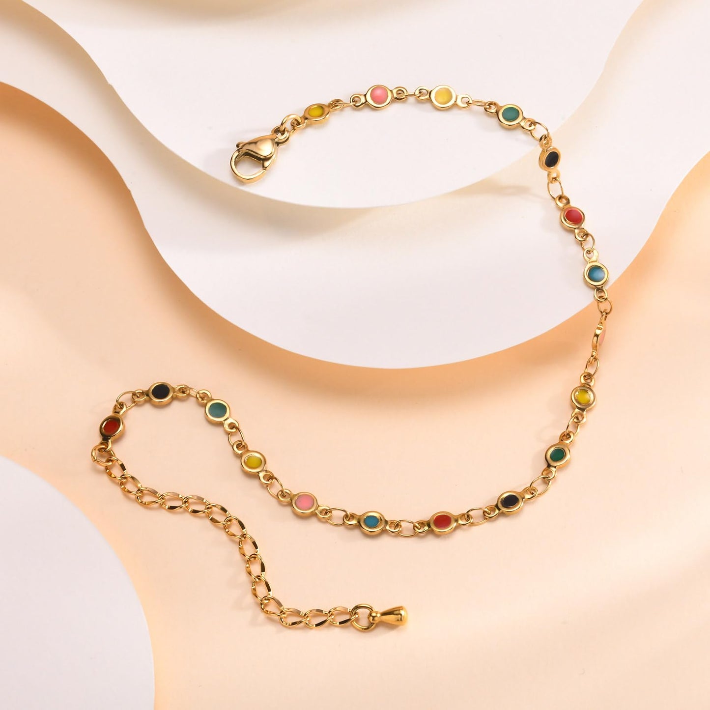 Rockyu アンクレット レディース ゴールド ステンレス製 カラフルエナメル サークルチャーム IPゴールドメッキ 夏 ビーチアクセサリー