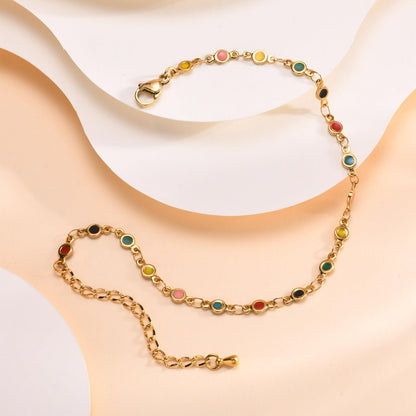 Rockyu アンクレット レディース ゴールド ステンレス製 カラフルエナメル サークルチャーム IPゴールドメッキ 夏 ビーチアクセサリー