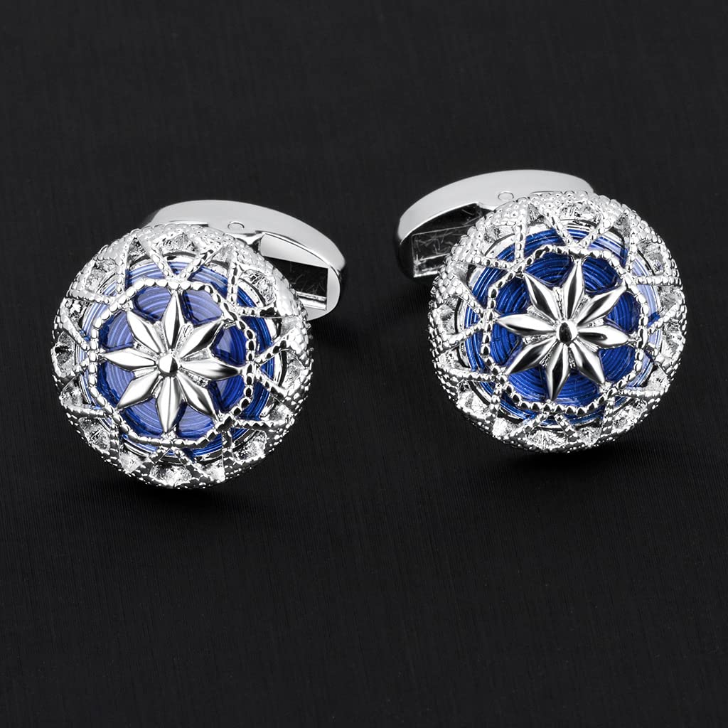 Rockyu カフス シルバーカラーバリエ 花柄透かし彫り ラウンドカフス メンズ ビジネス フォーマル ギフト