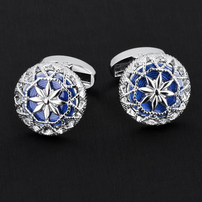 Rockyu カフス シルバーカラーバリエ 花柄透かし彫り ラウンドカフス メンズ ビジネス フォーマル ギフト