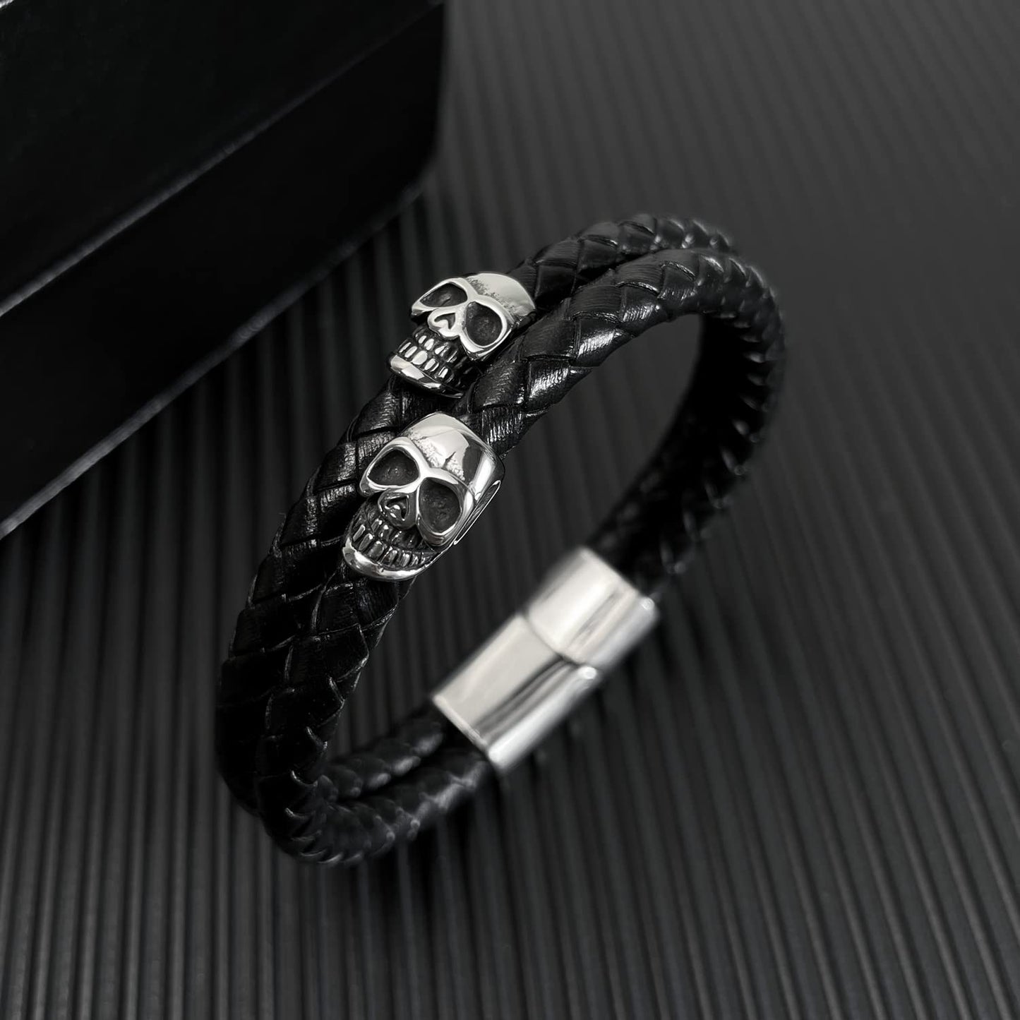 Rockyu メンズ スカル レザーブレスレット 2連 ドクロ ステンレス シルバー ゴールド ブラック