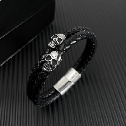 Rockyu メンズ スカル レザーブレスレット 2連 ドクロ ステンレス シルバー ゴールド ブラック