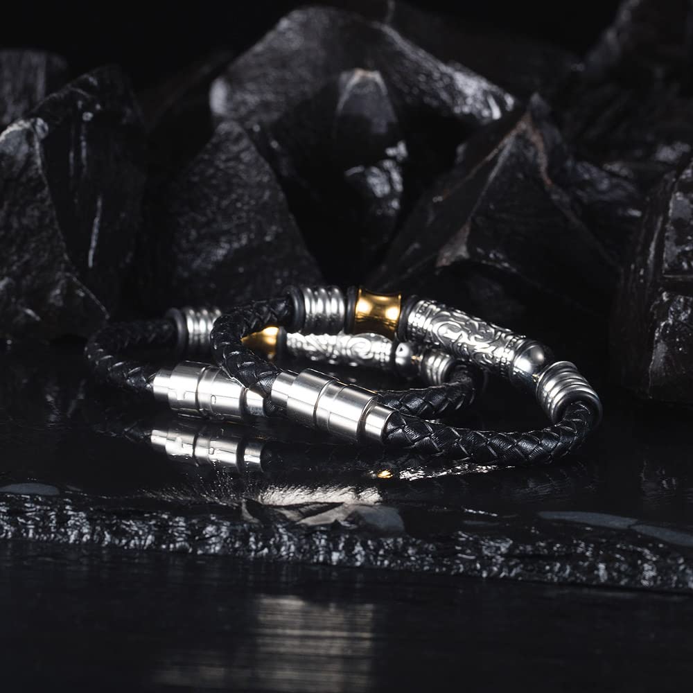 Rockyu ブレスレット メンズ 本革レザー×ステンレス コンビ バングル風デザイン