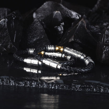 Rockyu ブレスレット メンズ 本革レザー×ステンレス コンビ バングル風デザイン