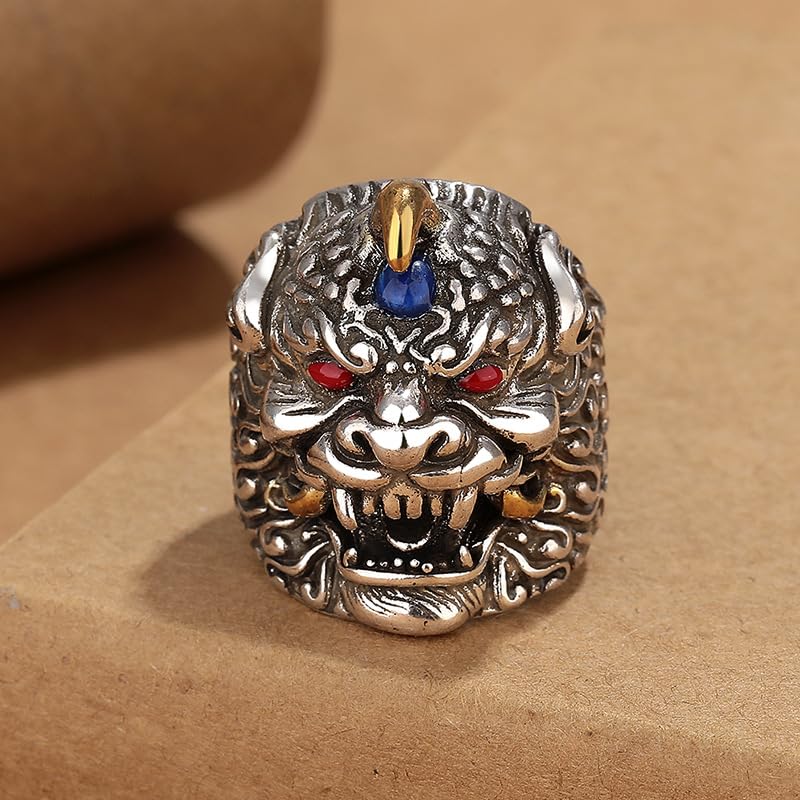 Rockyu 貔貅モチーフ シルバーリング 太めデザイン フリーサイズ メンズアクセサリー