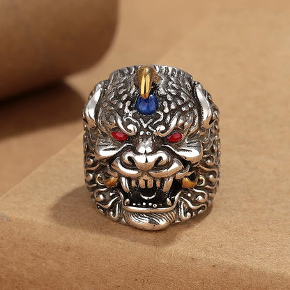 Rockyu 貔貅モチーフ シルバーリング 太めデザイン フリーサイズ メンズアクセサリー