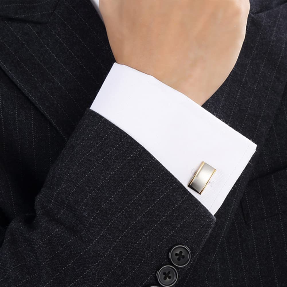 Rockyu カフスボタン メンズ おしゃれ 長方形 シルバー×ゴールド 二色 サテン加工 ビジネス 紳士カフリンクス