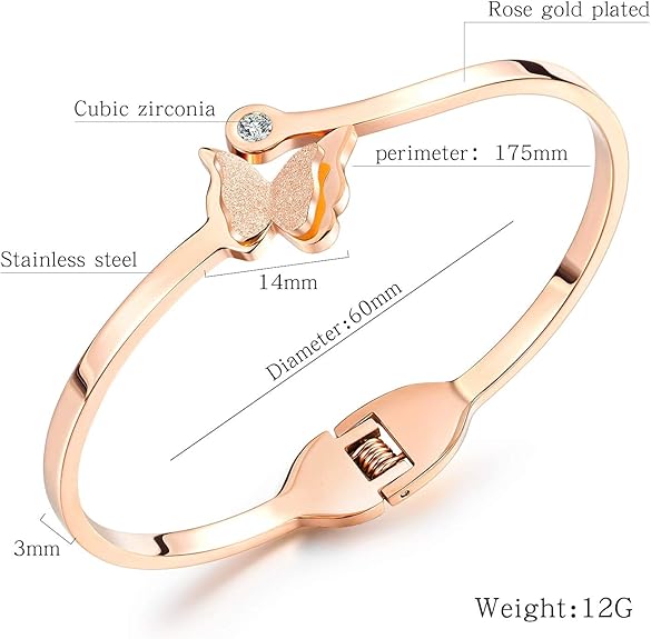 Rockyu ブレスレット レディース ピンクゴールド 蝶バングル ジルコニア付き チタン製 キラキラアクセサリー