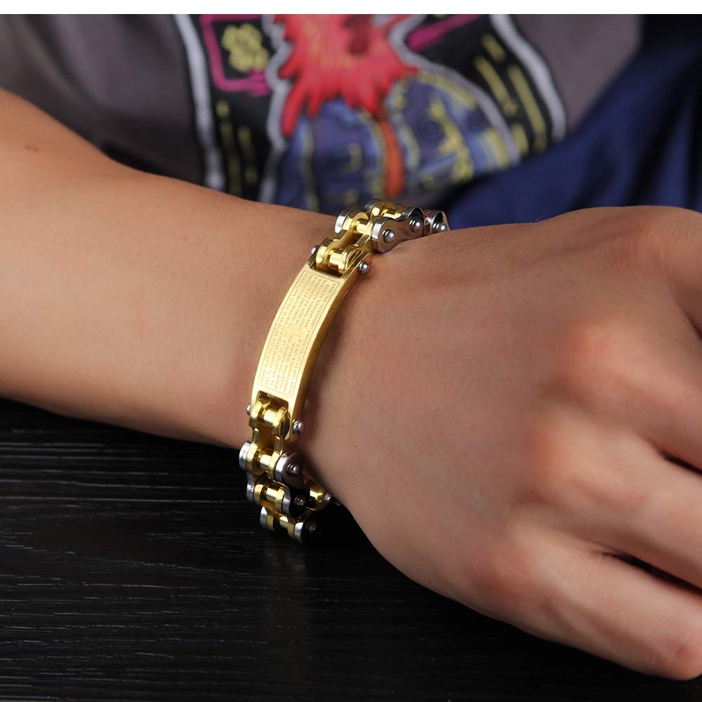 Rockyu メンズブレスレット 自転車チェーン風 ゴールド チタン製 プレート刻印 十字架 真言入り ハワイアン風 パーティーアクセサリー