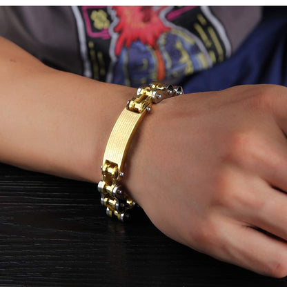 Rockyu メンズブレスレット 自転車チェーン風 ゴールド チタン製 プレート刻印 十字架 真言入り ハワイアン風 パーティーアクセサリー