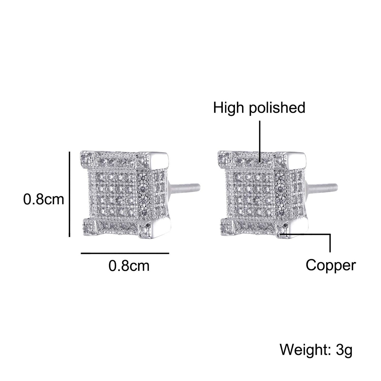 Rockyu メンズ レディース ピアス ジルコニア シルバー スクエアカット 高級感 男女兼用 両耳用