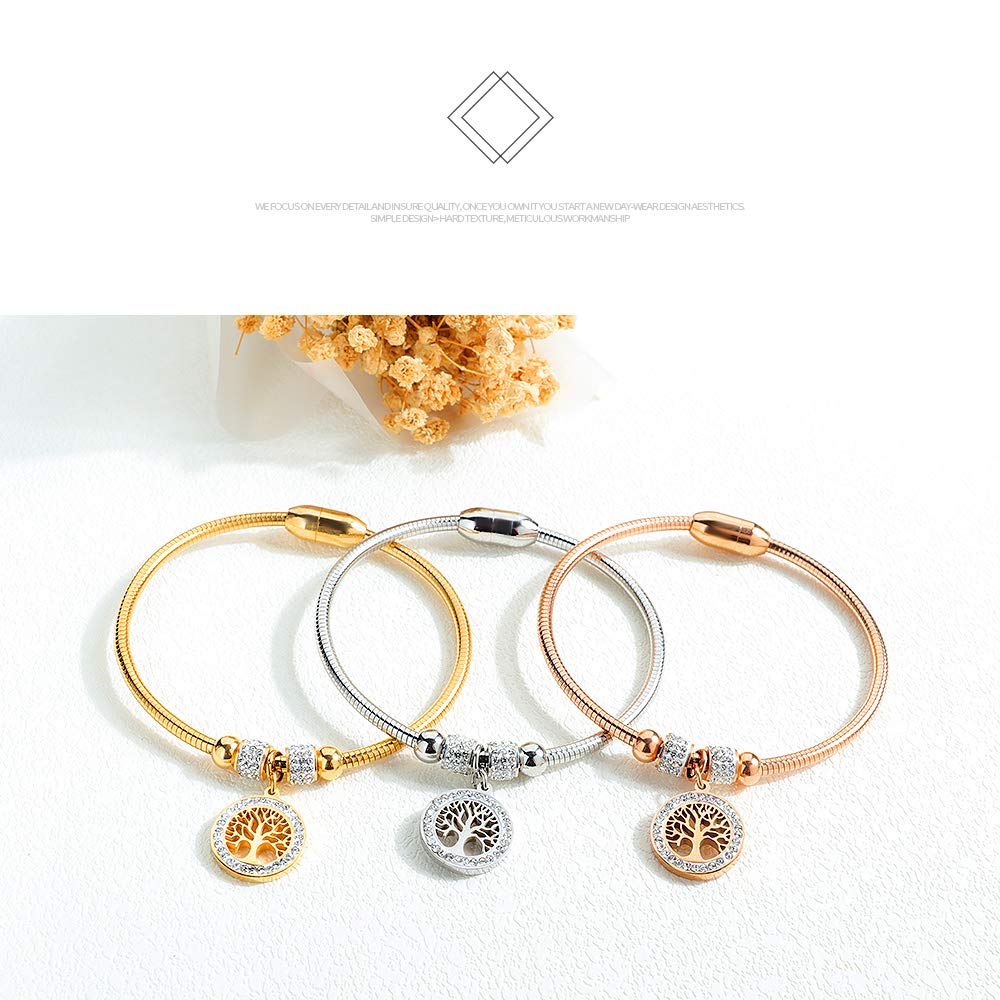 Rockyu ブレスレット レディース 18金メッキ ジルコニア 生命の樹 磁石型バングル 純チタン アレルギー対応