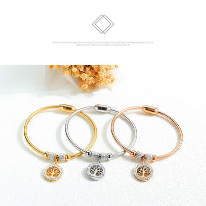 Rockyu ブレスレット レディース 18金メッキ ジルコニア 生命の樹 磁石型バングル 純チタン アレルギー対応