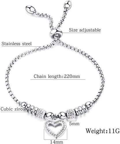 Rockyu ハートブレスレット レディース ジルコニア付き ステンレス製 サイズ調節可能