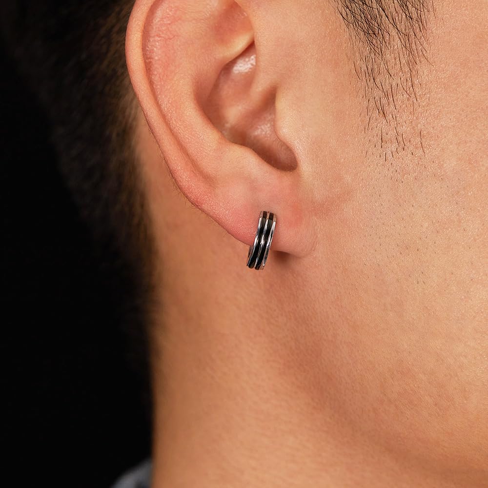 Rockyu リングピアス メンズ レディース フープピアス 小さめ ステンレス製 金属アレルギー対応 ブラックライン シルバー