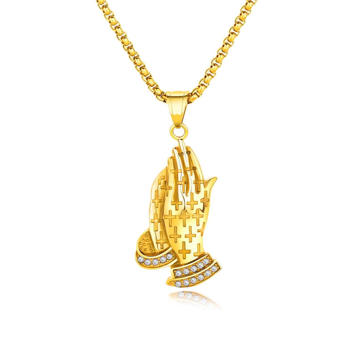 Rockyu 手の祈りネックレス ステンレス製 十字架×刻印入りメンズアクセ