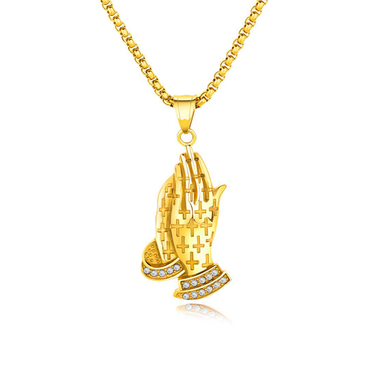 Rockyu 手の祈りネックレス ステンレス製 十字架×刻印入りメンズアクセ