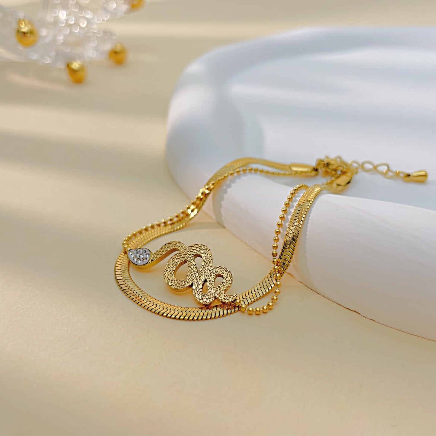 Rockyu ブレスレット レディース ゴールド 蛇モチーフ 2連ステンレス ジルコニアブレスレット