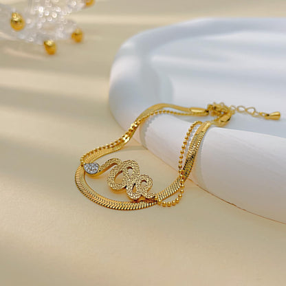 Rockyu ブレスレット レディース ゴールド 蛇モチーフ 2連ステンレス ジルコニアブレスレット