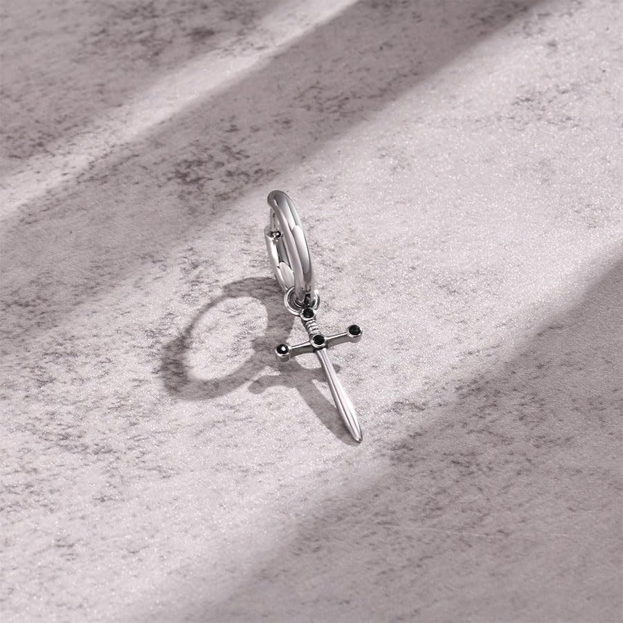 Rockyu ピアス メンズ ステンレス フープ クロス＆モチーフ シルバー ブラックジルコニア ヴィンテージ風