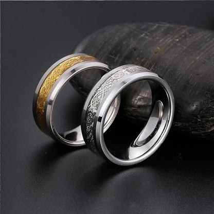 Rockyu タングステン 龍紋デザインリング メンズ レディース 幅6mm 8mm シルバー ゴールド ブルー