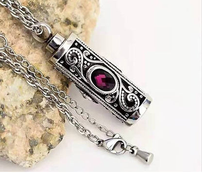 Rockyu ネックレス メンズ ステンレス シルバー 円柱 ジルコニア メモリアルペンダント 手元供養 遺骨ネックレス