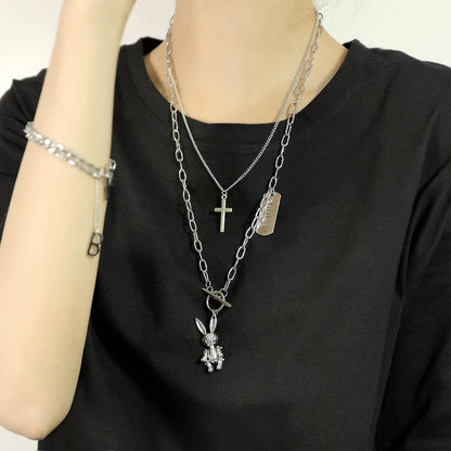 Rockyu レディースネックレス うさぎとくまの二連ロングチェーンペンダント