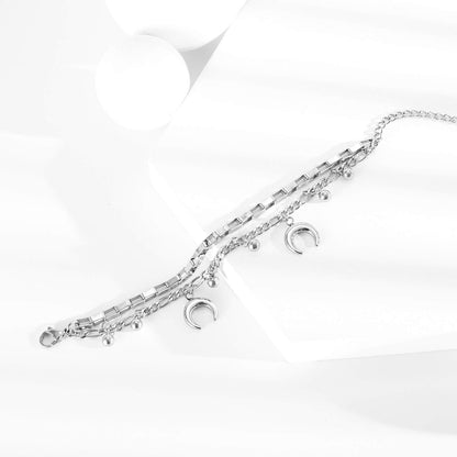 Rockyu ブレスレット レディース ステンレス シルバー 月モチーフ 鈴チャーム 多連チェーンブレスレット サイズ調整可能 ファッションアクセサリー