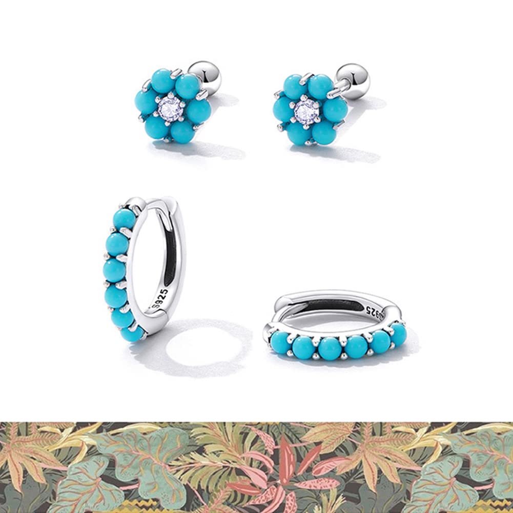Rockyu ピアス レディース フープ シルバー925 ターコイズ 緑松石 金属アレルギー対応