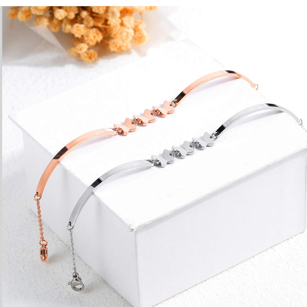 Rockyu レディース バタフライブレスレット シルバー＆ローズゴールド ステンレス製 蝶モチーフ