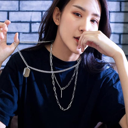 Rockyu レディース三連ネックレス クロスチャームとプレート付きチェーンペンダント