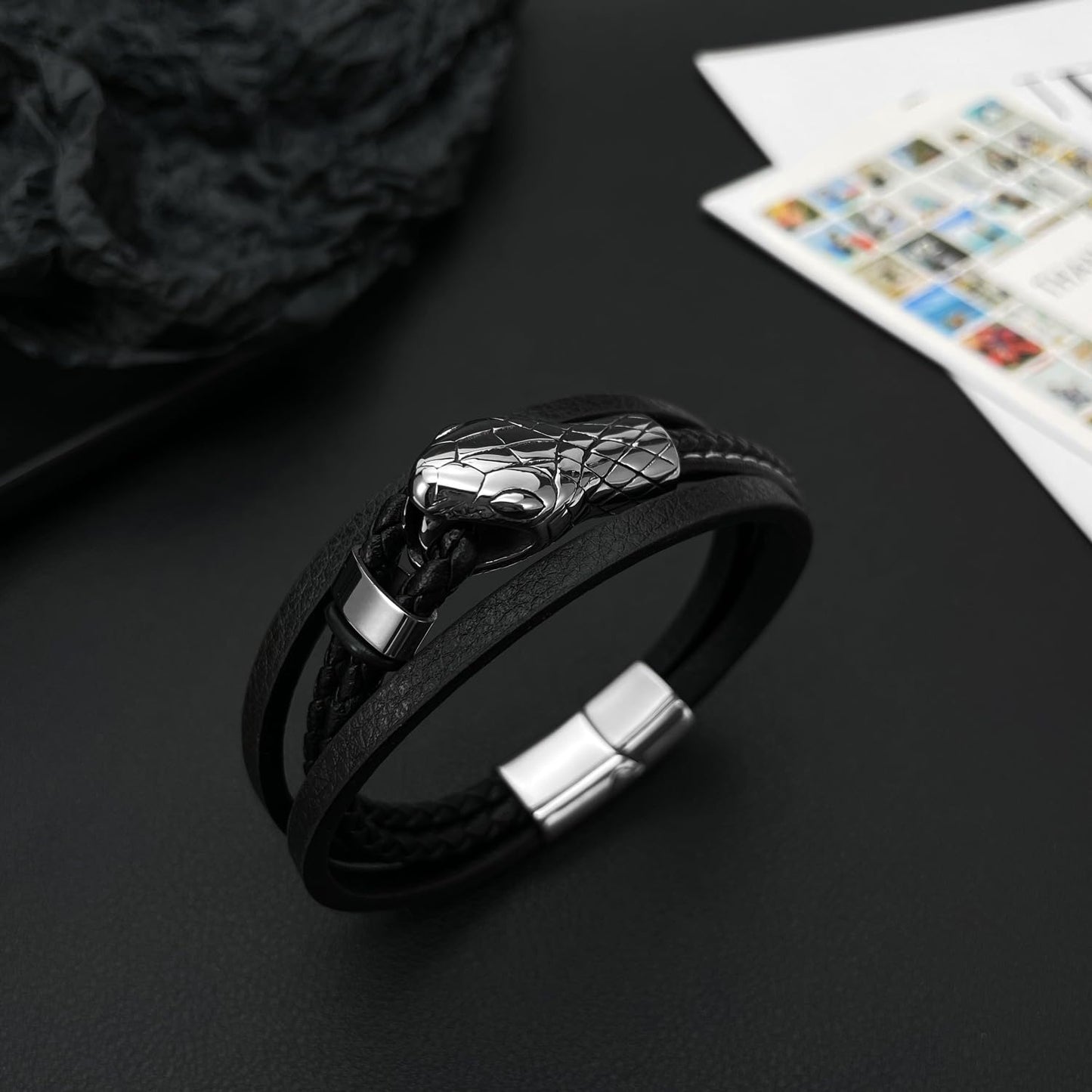 Rockyu メンズ レザーブレスレット スネークヘッドデザイン PU革 三連 ブラック