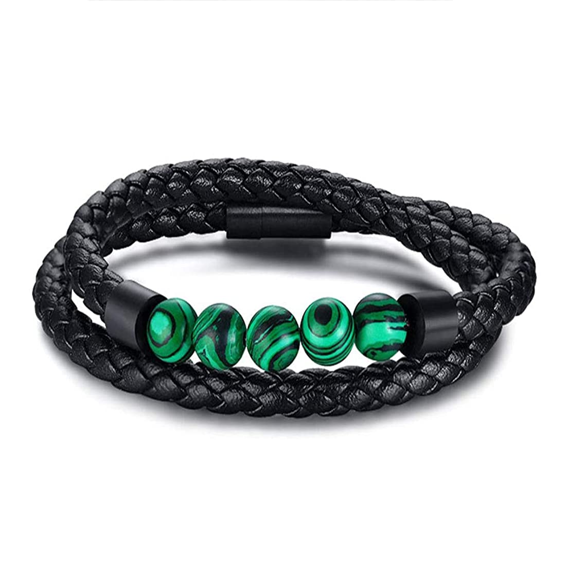 Rockyu 天然石 レザーブレスレット メンズ｜編み込みデザイン＆3カラー展開