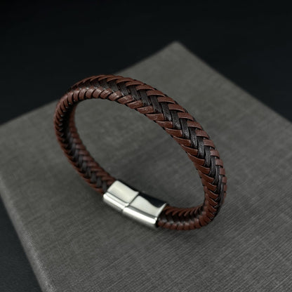 Rockyu ブラウン編み込みレザーブレスレット メンズ マグネット式