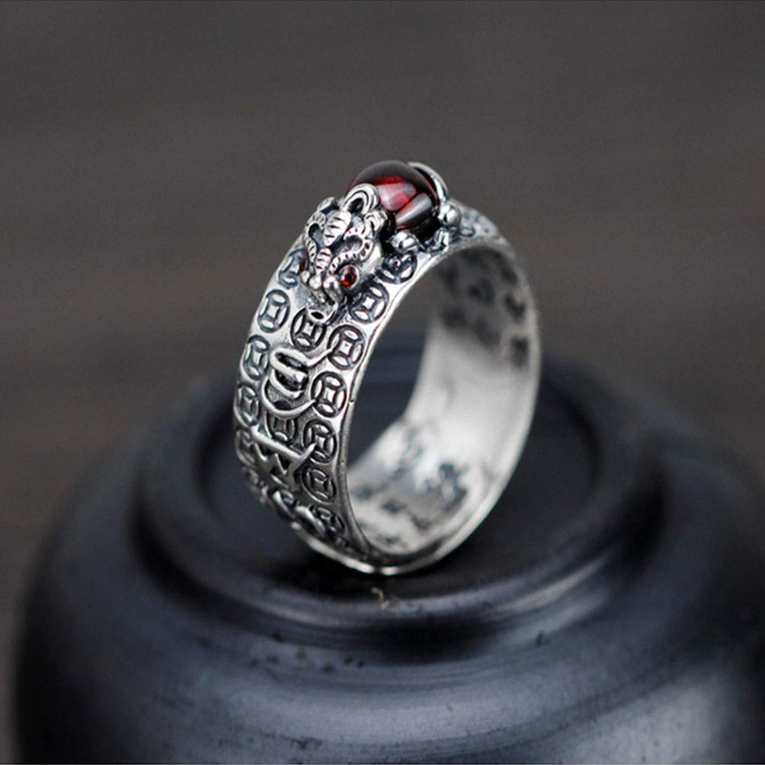 Rockyu 指輪 メンズ レディース フリーサイズ シルバー 貔貅リング 厄除け 財運 開運 アンティーク風