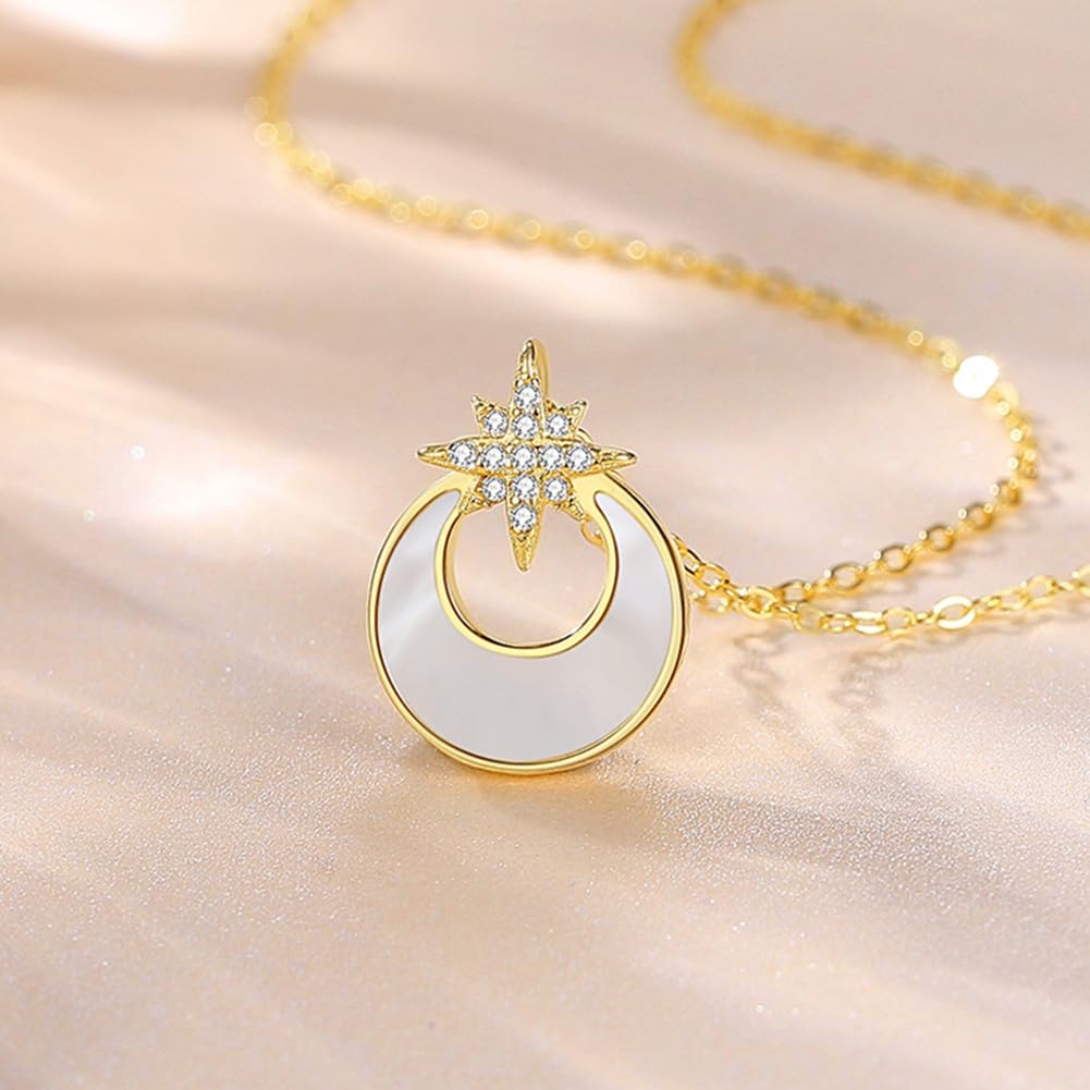 Rockyu ネックレス レディース 月と星 CZ 白蝶貝 ゴールド ステンレス ペンダント