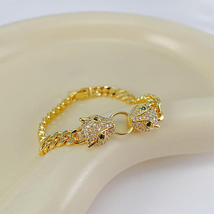 Rockyu ヒョウヘッド ゴールドブレスレット 喜平チェーン レディース